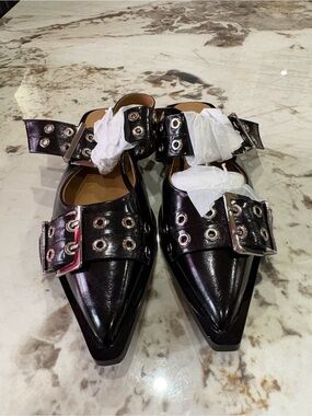 Target Black Pointed Leather Buckle Mules with Silver Eyelets